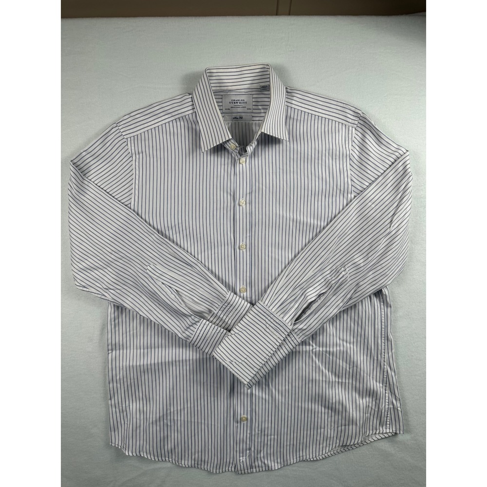 Charles Tyrwhitt Men Slim Fit Striped French Cuff Dress Shirt White Blue 16.5/33